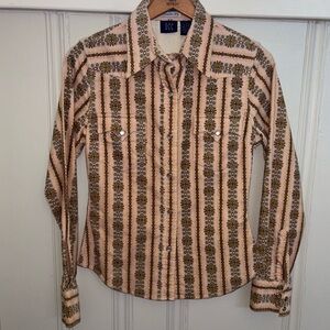 Vintage corduroy cotton pink peach pattern ranch western snap button down retro